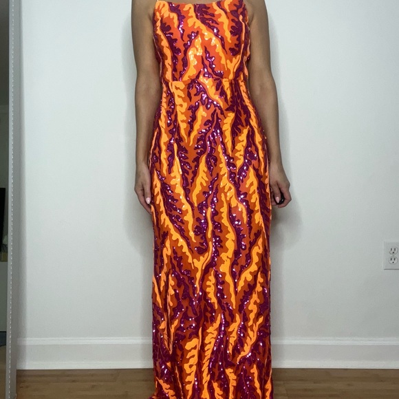 New Year’s Eve sparkling Sequin birthday wedding Orange & Purple Backless Dress - Picture 9 of 9